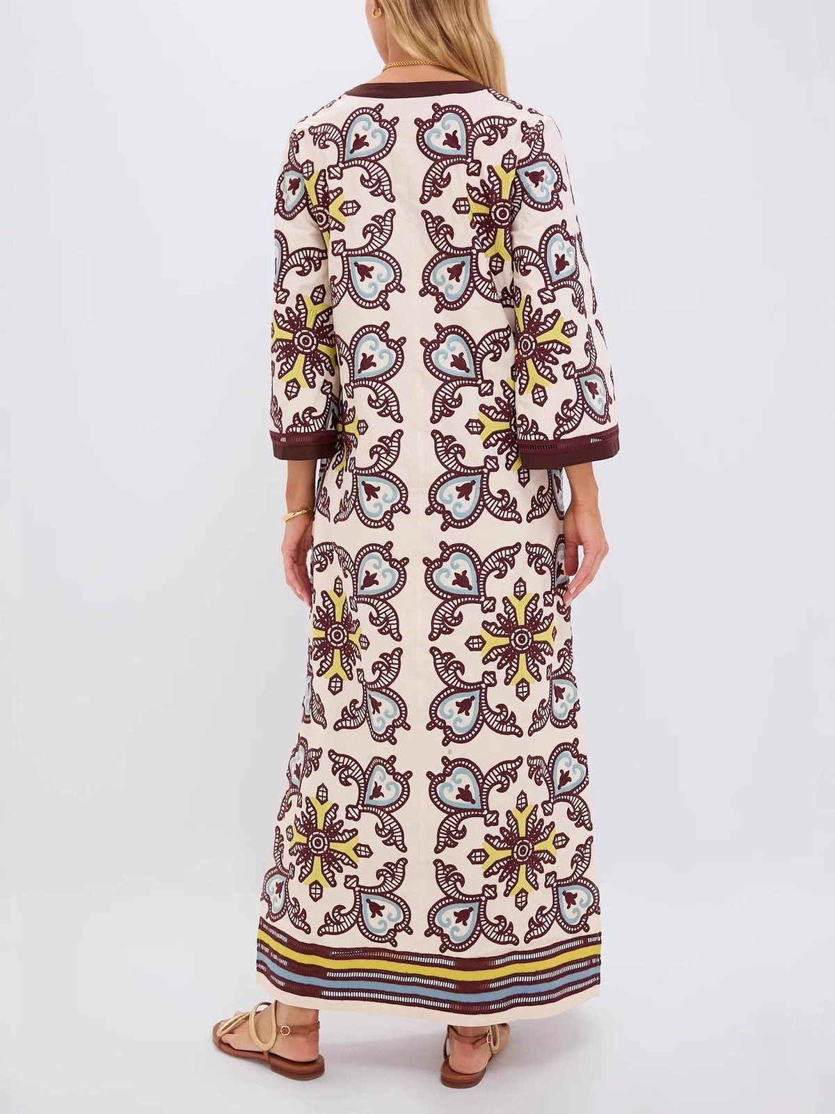 Resort Ethnic Print Split V-Neck Puff Sleeve Caftan Dress