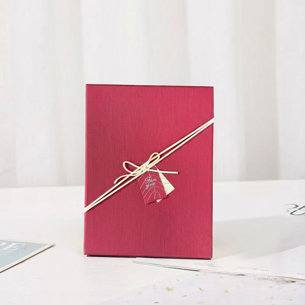 5pc, Red Beige Two-Piece Lid Rigid Gift Box w/ Tag
