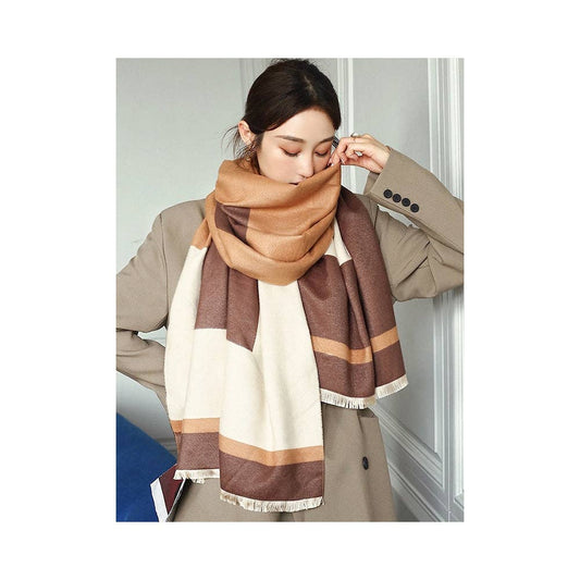 Soft Cashmere Blend Striped Shawl Scarf with Color Block Detail