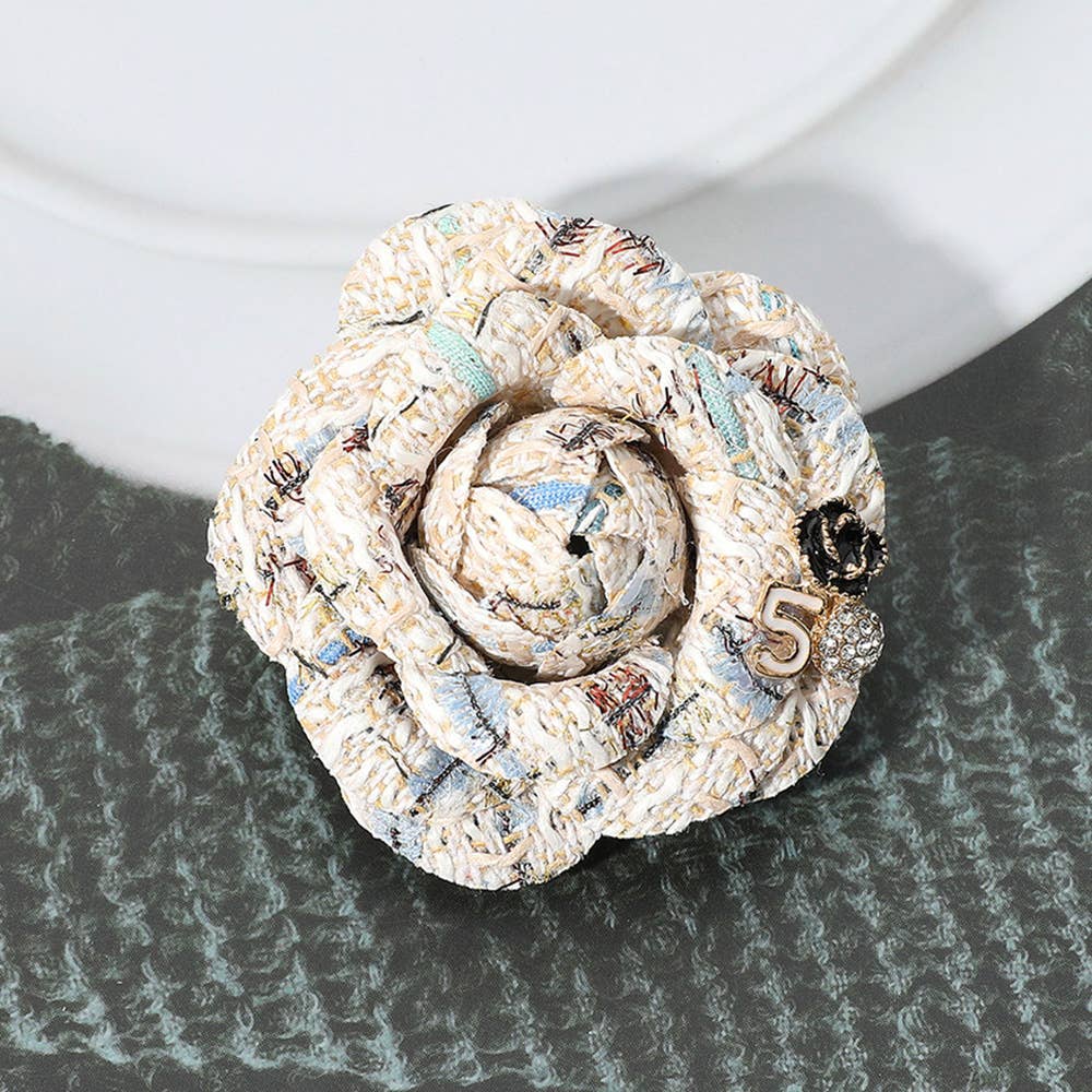 Enamel Flower Number Five Tweed Pin Brooch / Hair Clip