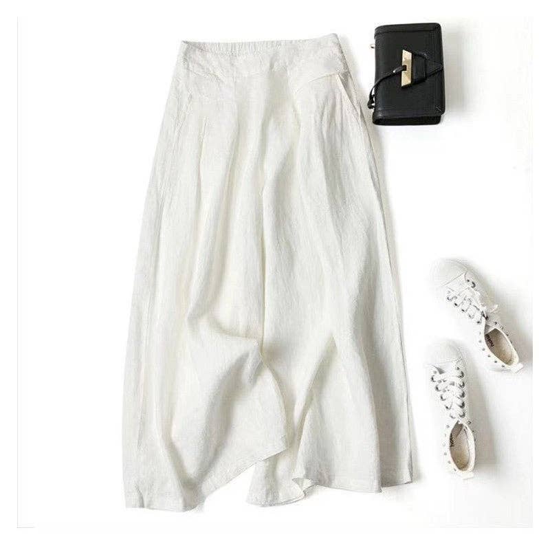 IN STORE ONLY - Solid Color Half Elastic Waist Wide Leg Ramie Cotton Pants