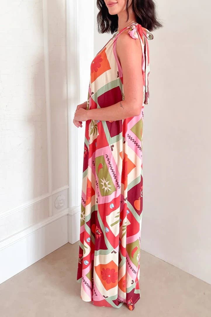 2025 Malia checkered Tropical tie straps one shoulder dress