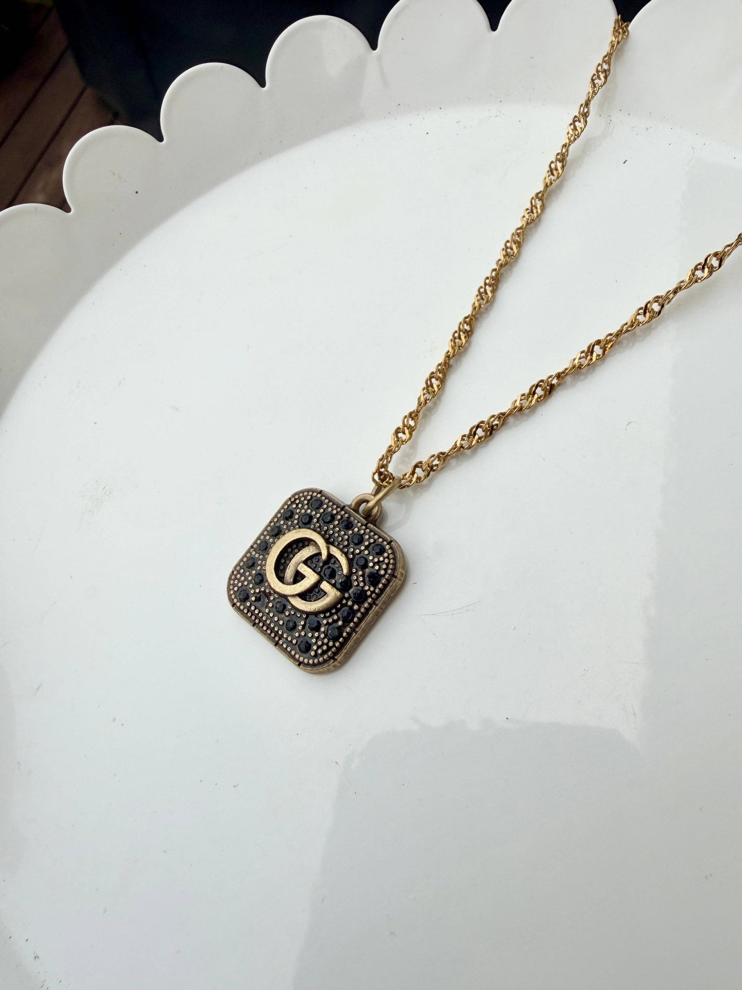 Upcycled Designer Pendant Necklace #132 - Black & Gold Square