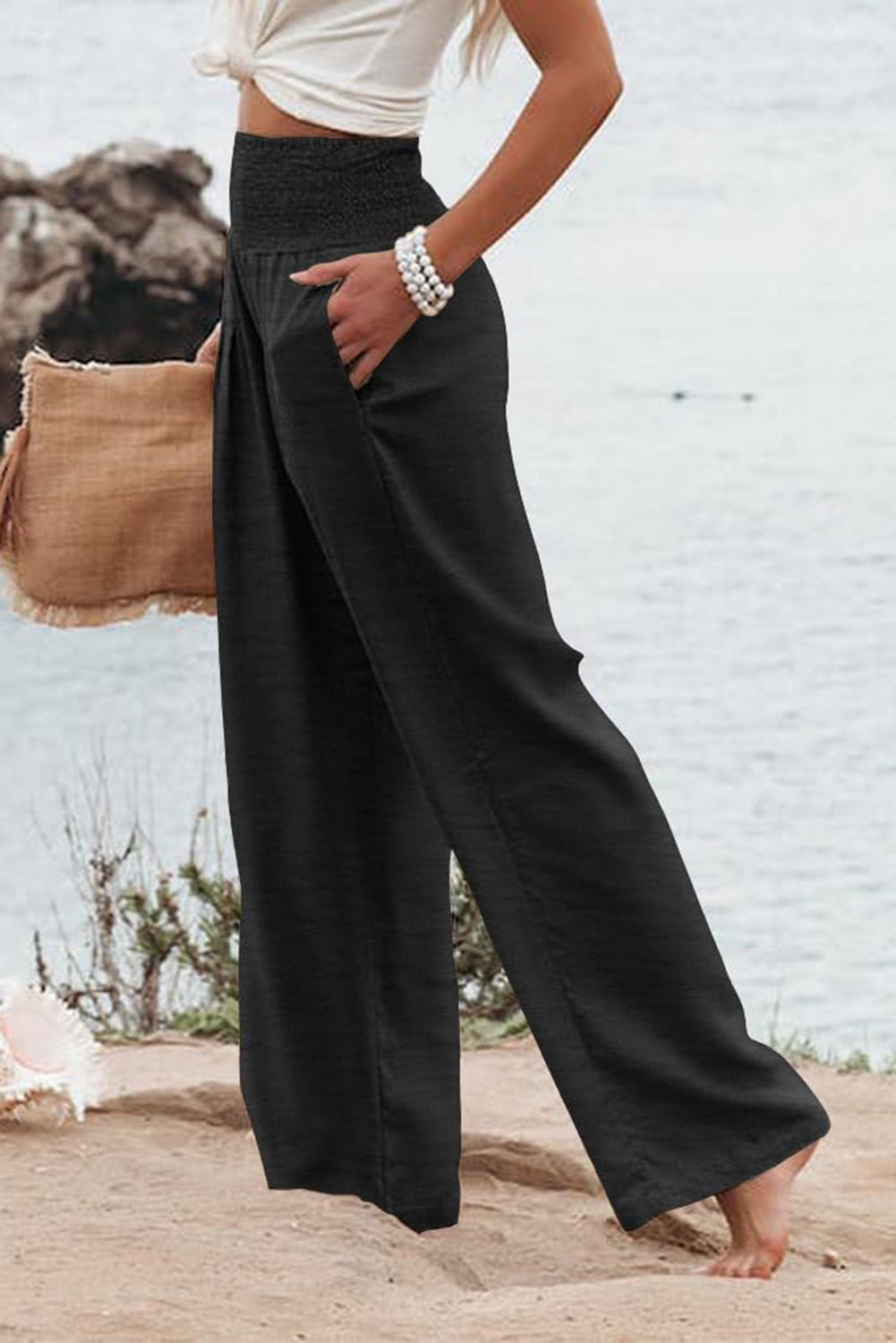 IN STORE & ON LINE Black Shirred High Waist Plus Size Wide Leg Pants