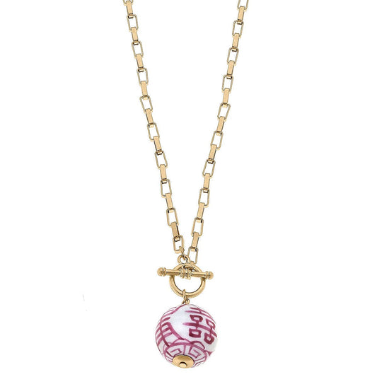 IN STORE ONLY - Laurel Chinoiserie T-Bar Necklace in Pink & White