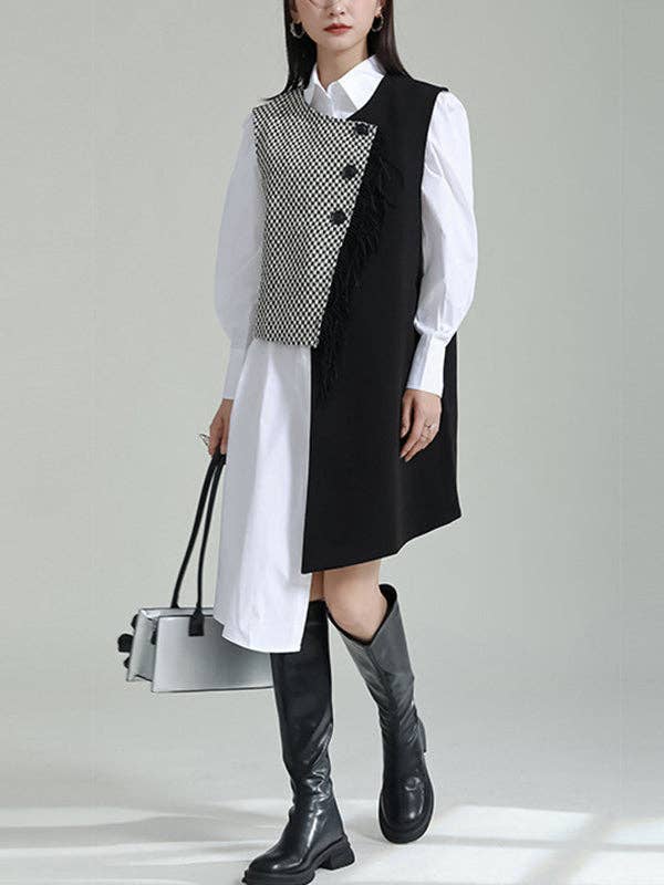 AVAILABLE IN STORE ONLY - Asymmetric Buttoned Houndstooth Sleeveless Vest Outerwear