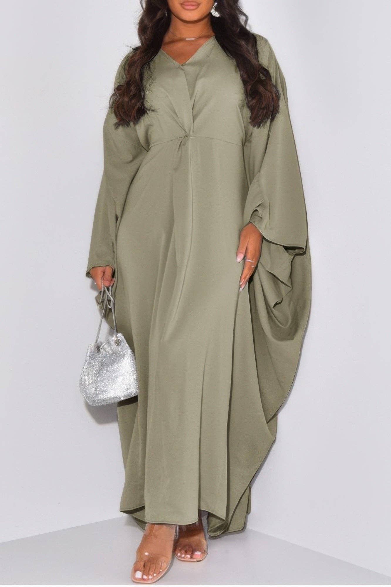 Plain V Neck Loose Fit Shift Maxi Dress