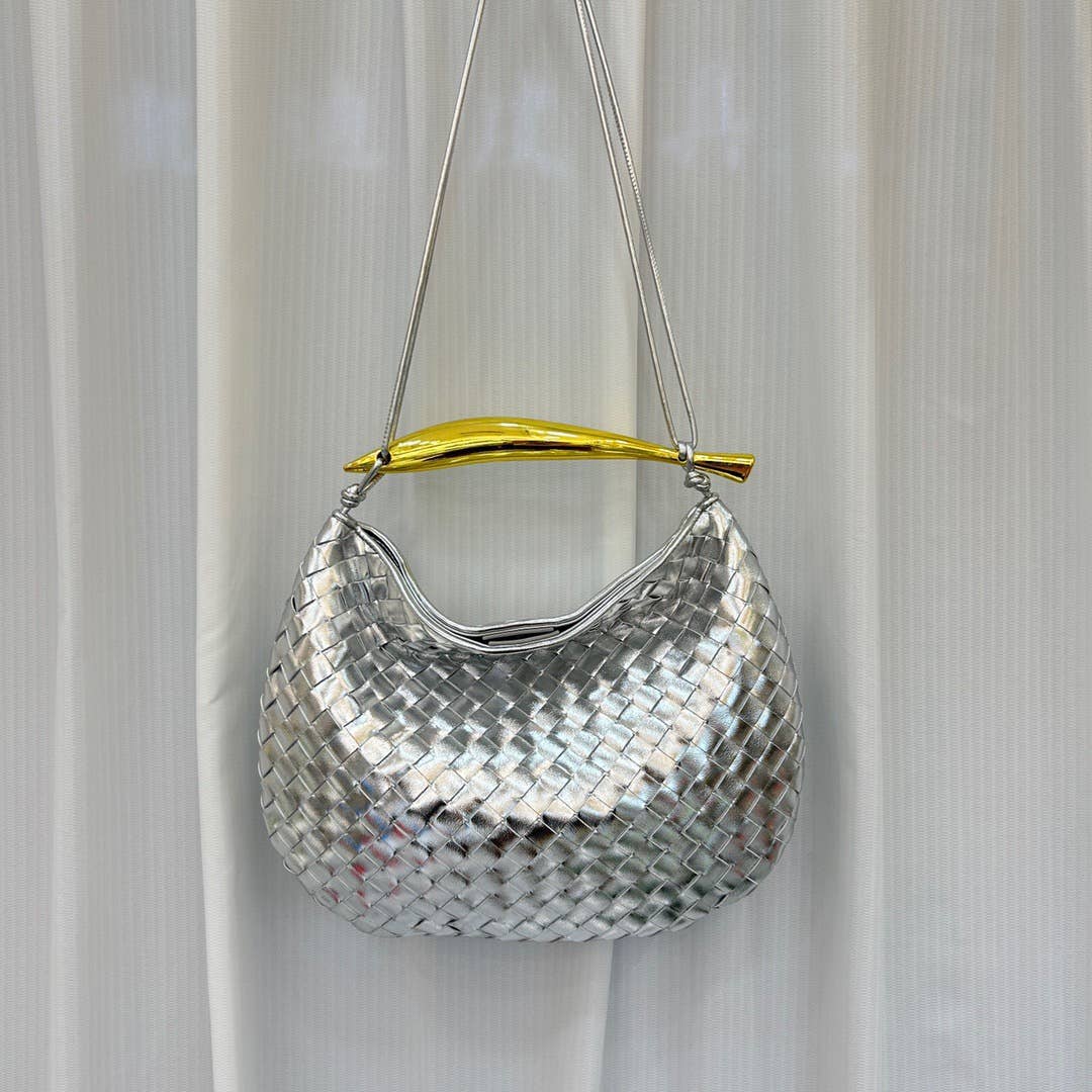 Woven handbag with Gold Metal Handle Bar