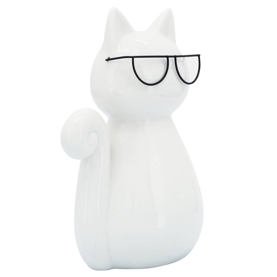 Porcelain Modern Cat with Glasses Figurine - White, 7 in.