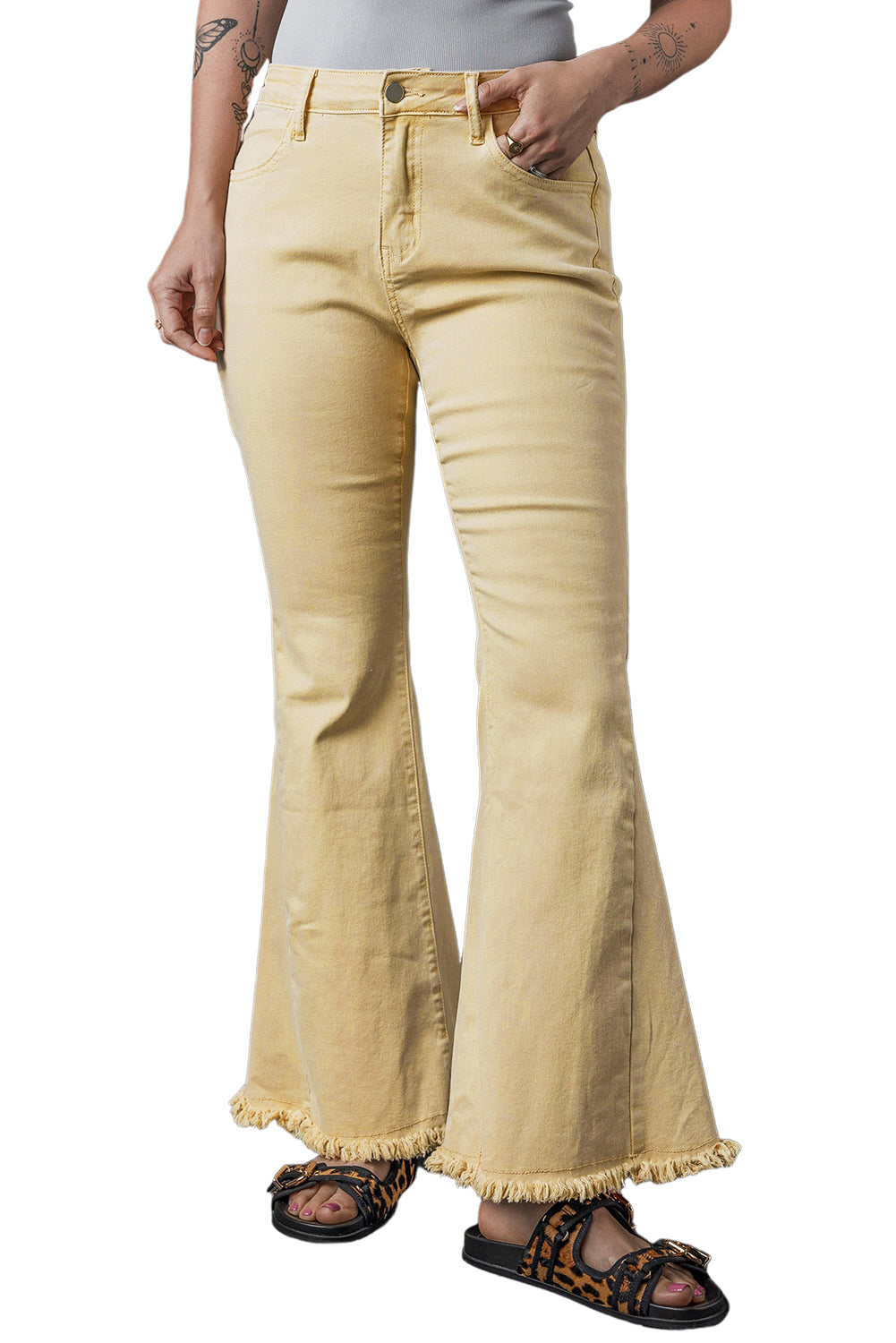 IN STORE & ONLINE Khaki Raw Edge Mid Waist Flared Jeans