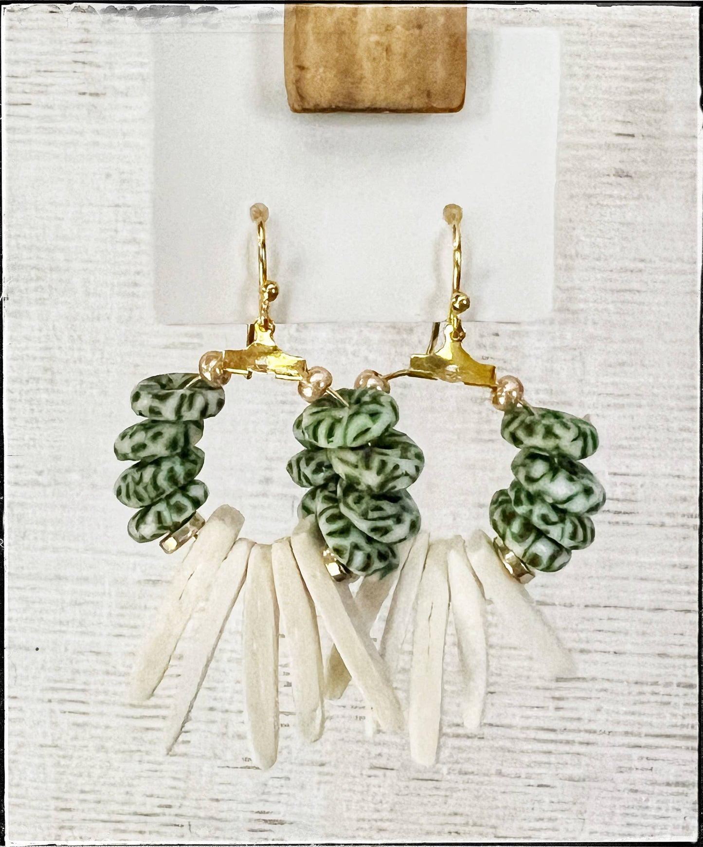 White Coconut Wood & Green Glass Bead Dangle Earrings