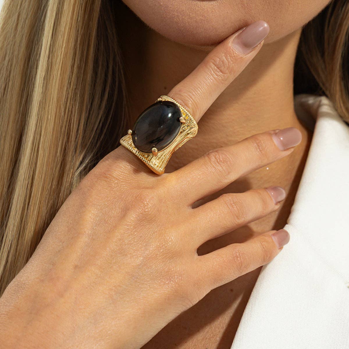 Geometric Resin Gemstone Open Ring Trendy Wide Band