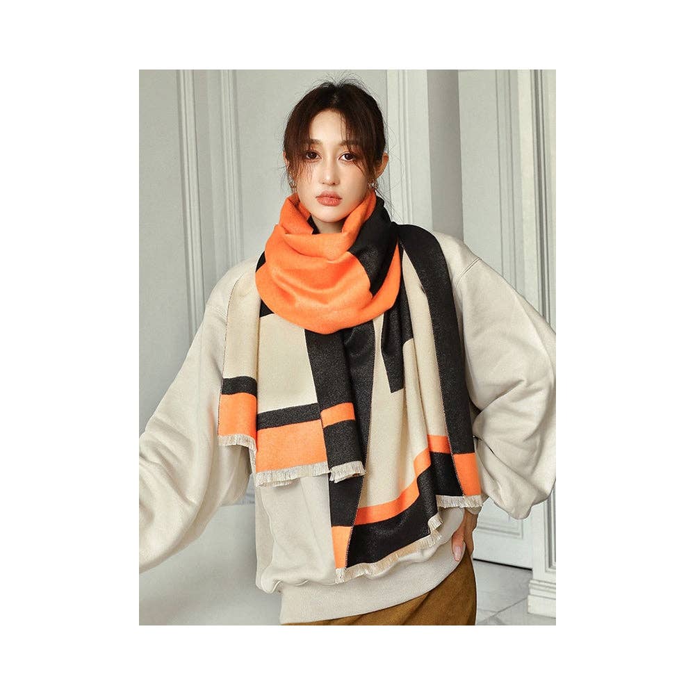 Soft Cashmere Blend Striped Shawl Scarf with Color Block Detail