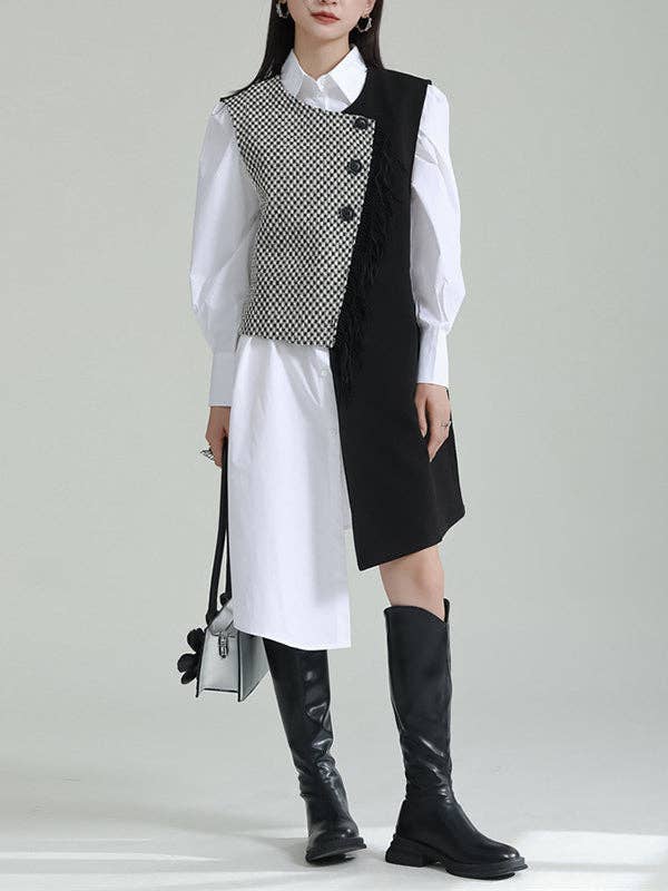 AVAILABLE IN STORE ONLY - Asymmetric Buttoned Houndstooth Sleeveless Vest Outerwear