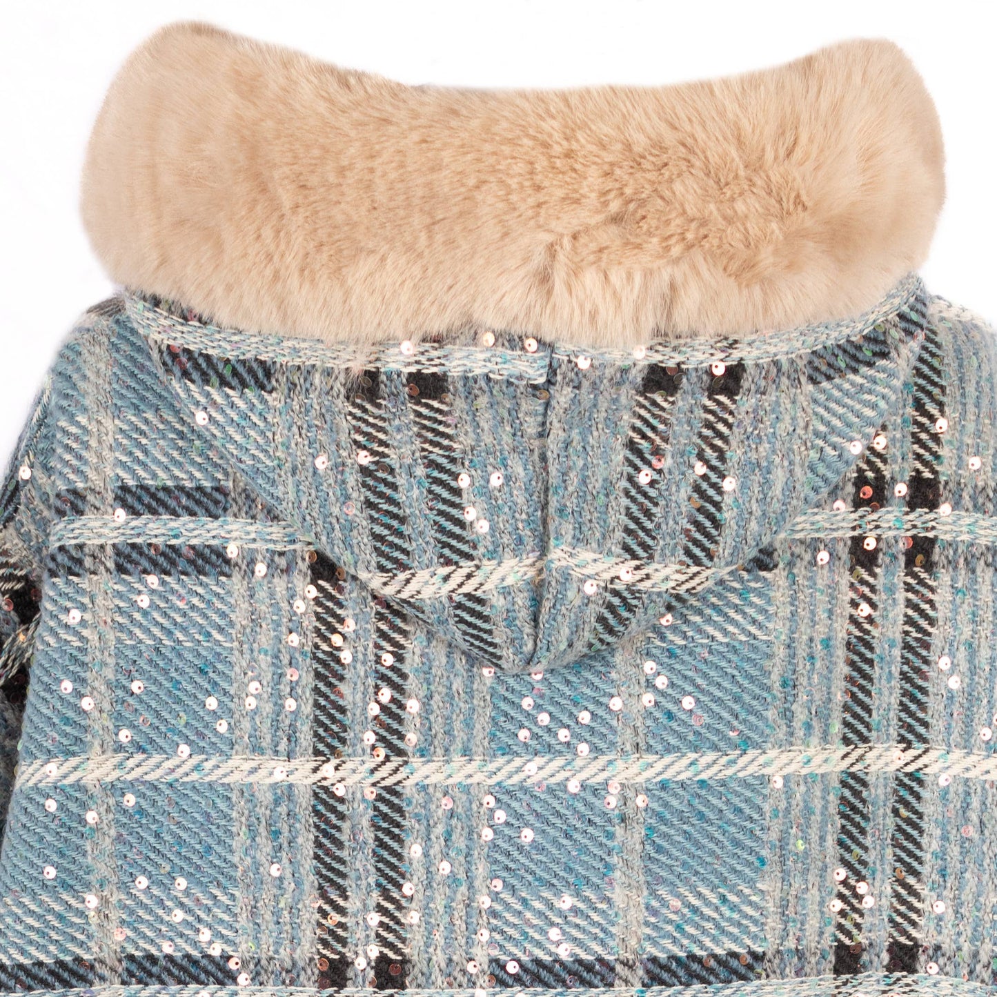 Serene Blue Plaid Hooded Cape with Sequins PE906