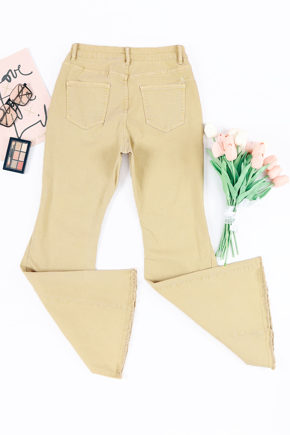 IN STORE & ONLINE Khaki Raw Edge Mid Waist Flared Jeans