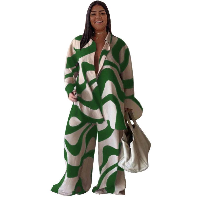 Chic Printed Loose-Fitting Long Sleeve Shirt and Straight Pants Set