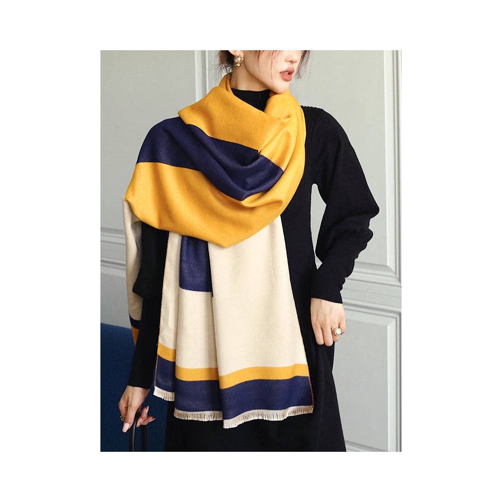Soft Cashmere Blend Striped Shawl Scarf with Color Block Detail
