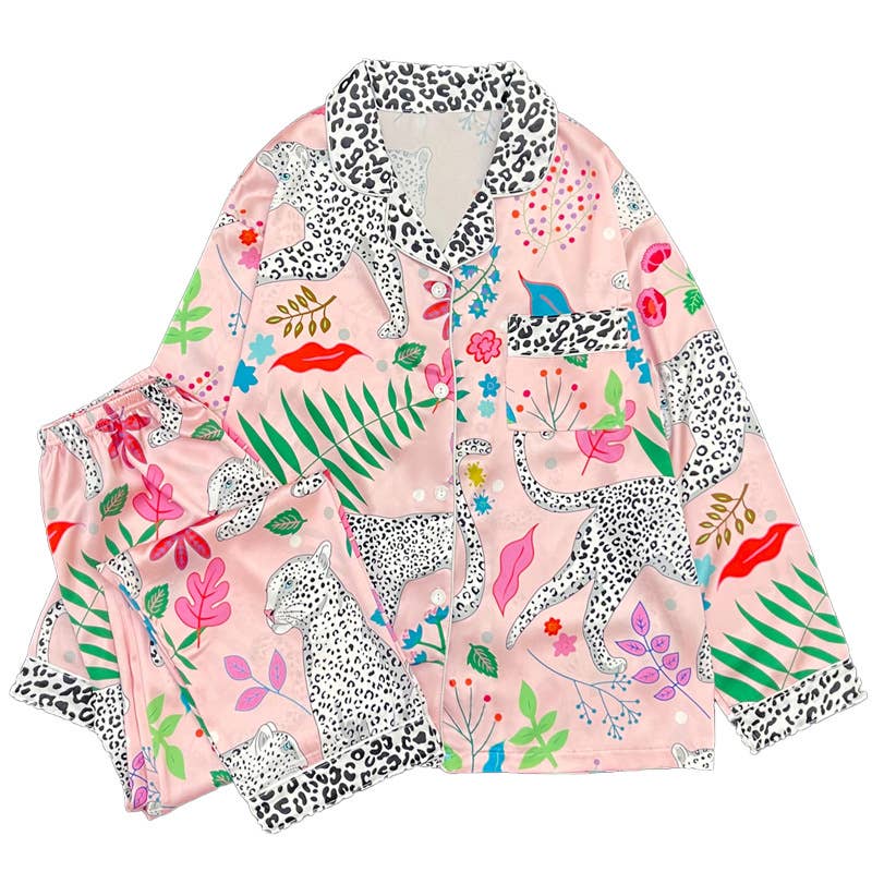 Satin Cozy Patchwork Leopard Print Long Sleeve Pajama Set