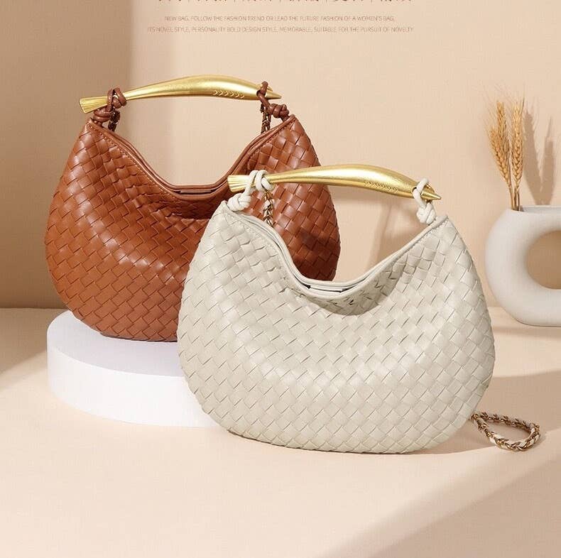 Woven handbag with Gold Metal Handle Bar