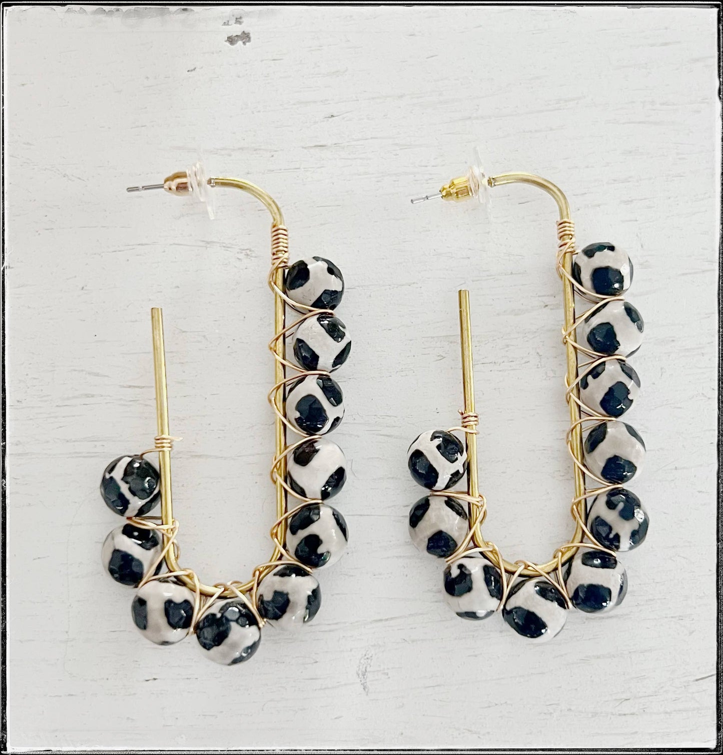 Wire Wrapped Open Hoop Glass Bead Dangle Earring Black Agate
