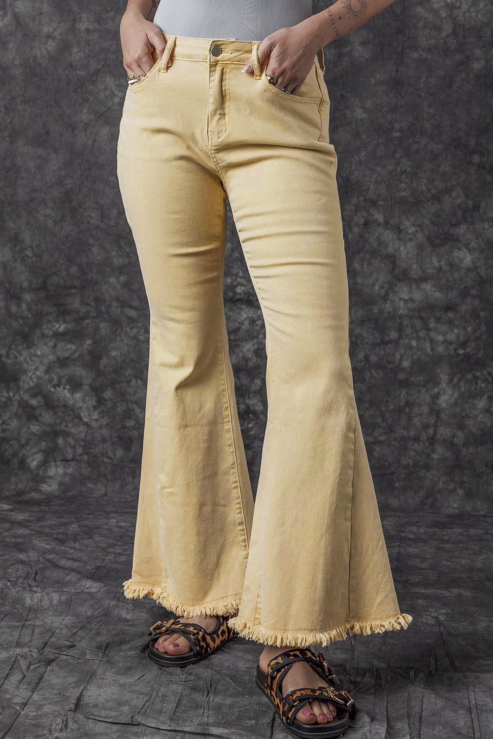 IN STORE & ONLINE Khaki Raw Edge Mid Waist Flared Jeans