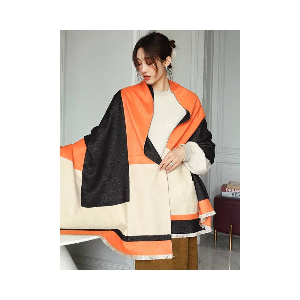 Soft Cashmere Blend Striped Shawl Scarf with Color Block Detail