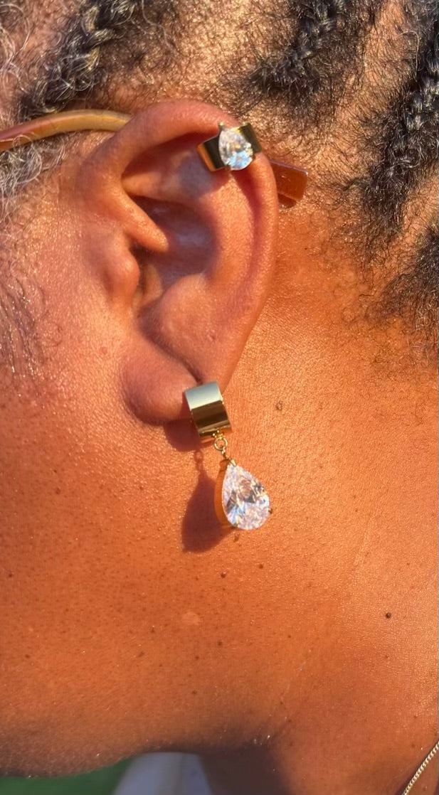 Earring 18K Gold Non-Tarnish Pear Crystal Cuffs