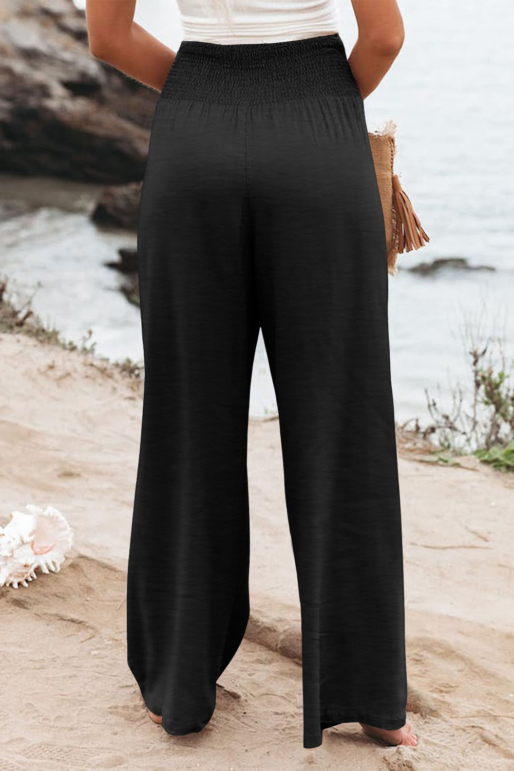 IN STORE & ON LINE Black Shirred High Waist Plus Size Wide Leg Pants