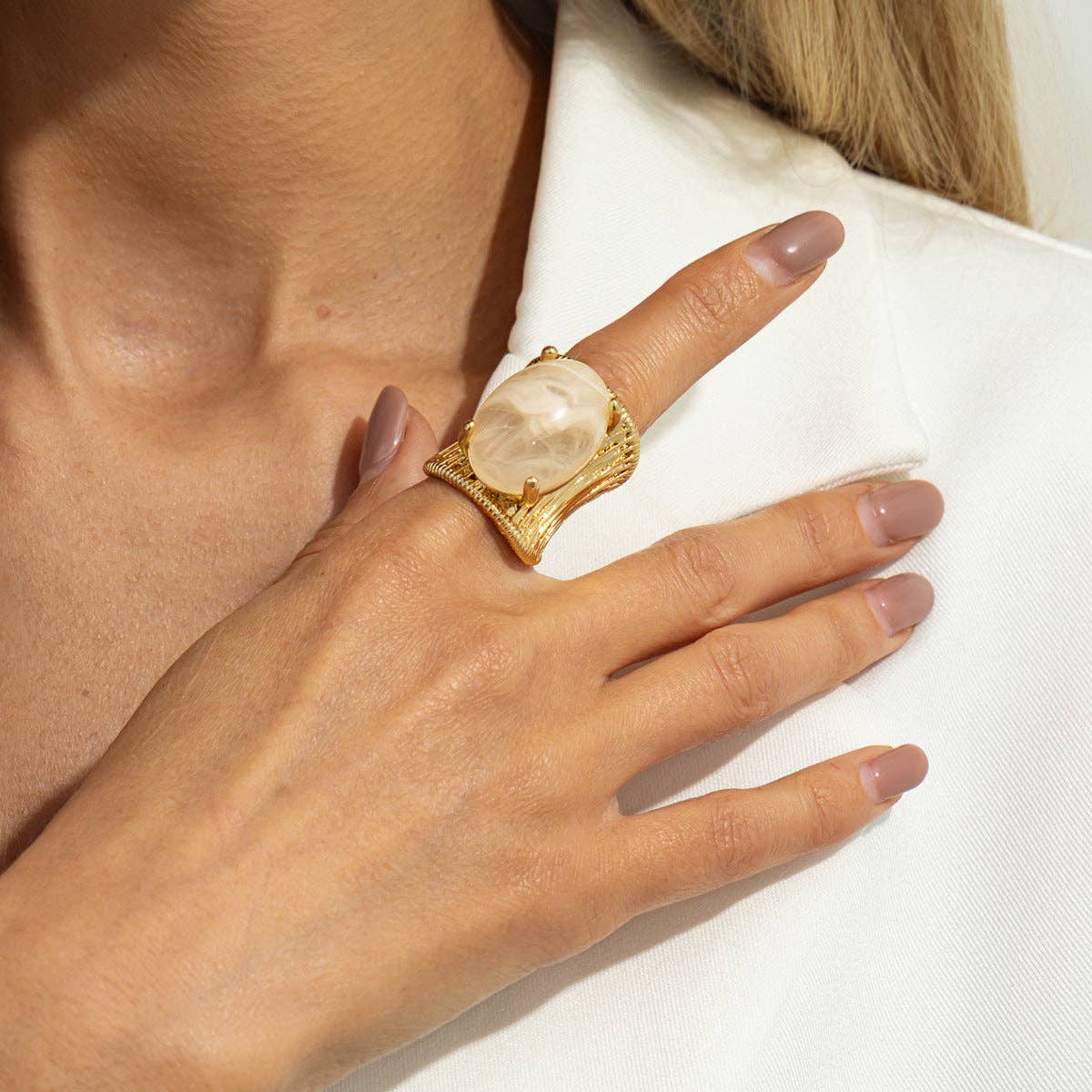 Geometric Resin Gemstone Open Ring Trendy Wide Band