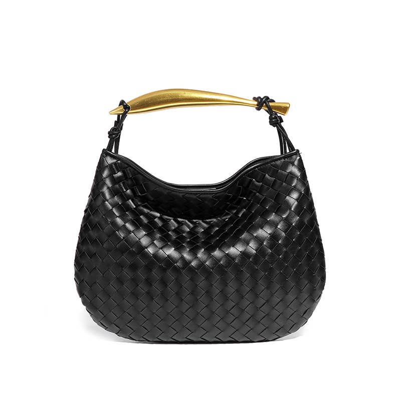 Woven handbag with Gold Metal Handle Bar