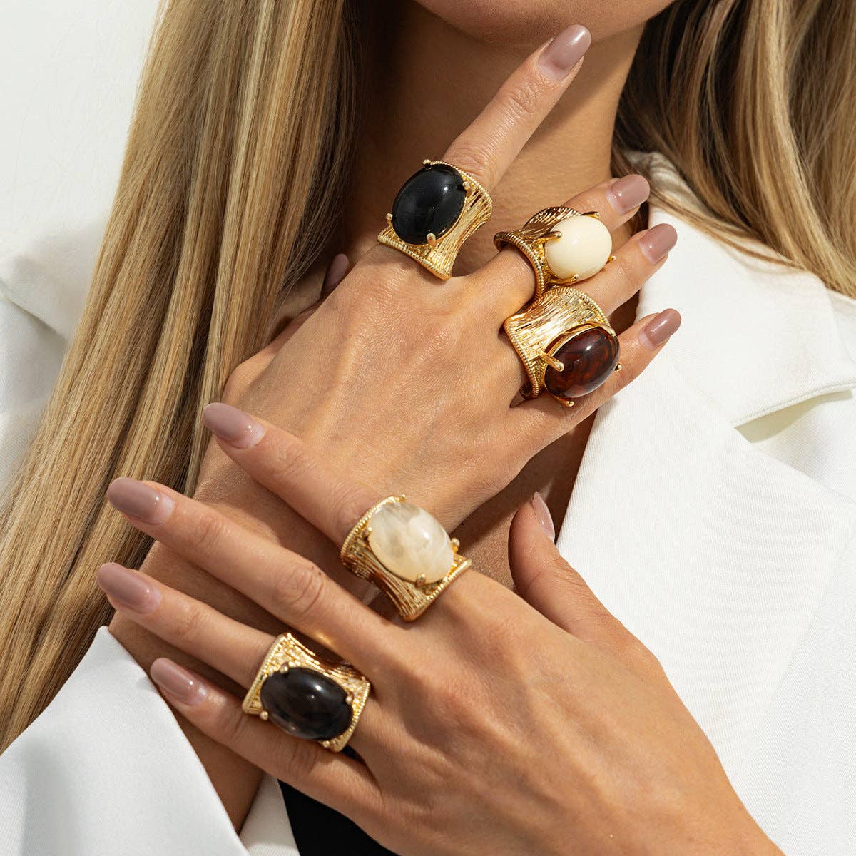 Geometric Resin Gemstone Open Ring Trendy Wide Band