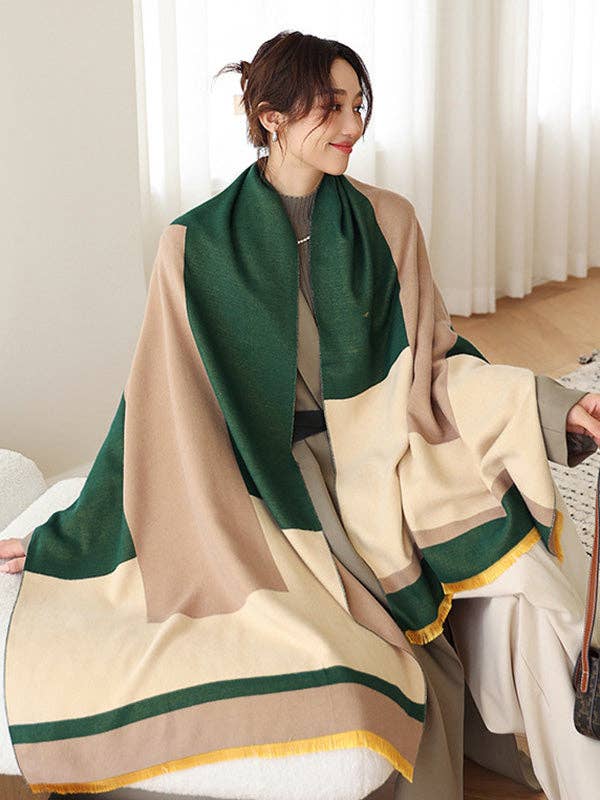 Soft Cashmere Blend Striped Shawl Scarf with Color Block Detail