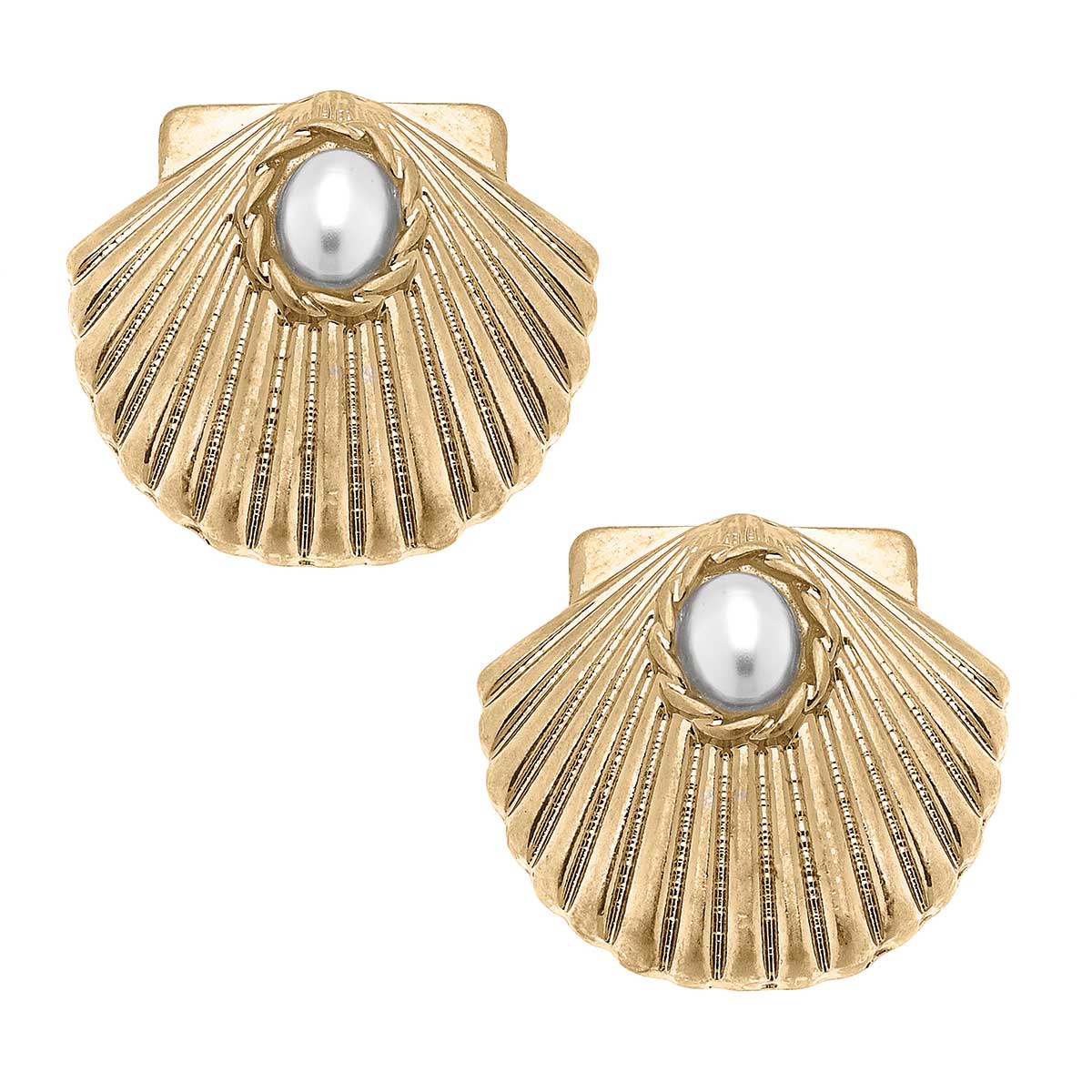 IN STORE ONLY Tallulah Scallop & Pearl Stud Earrings in Worn Gold