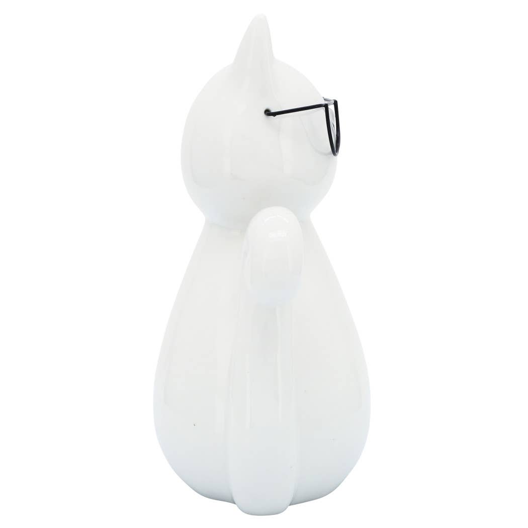 Porcelain Modern Cat with Glasses Figurine - White, 7 in.