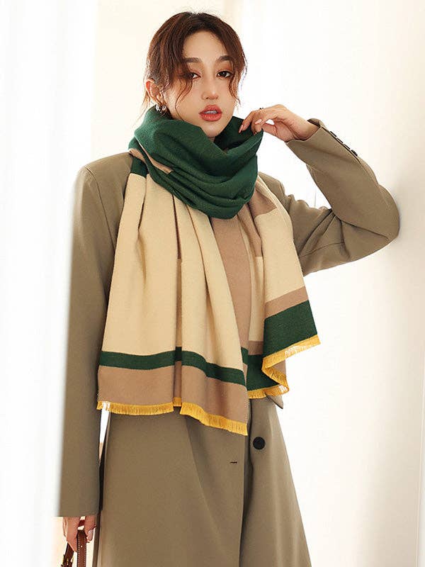 Soft Cashmere Blend Striped Shawl Scarf with Color Block Detail