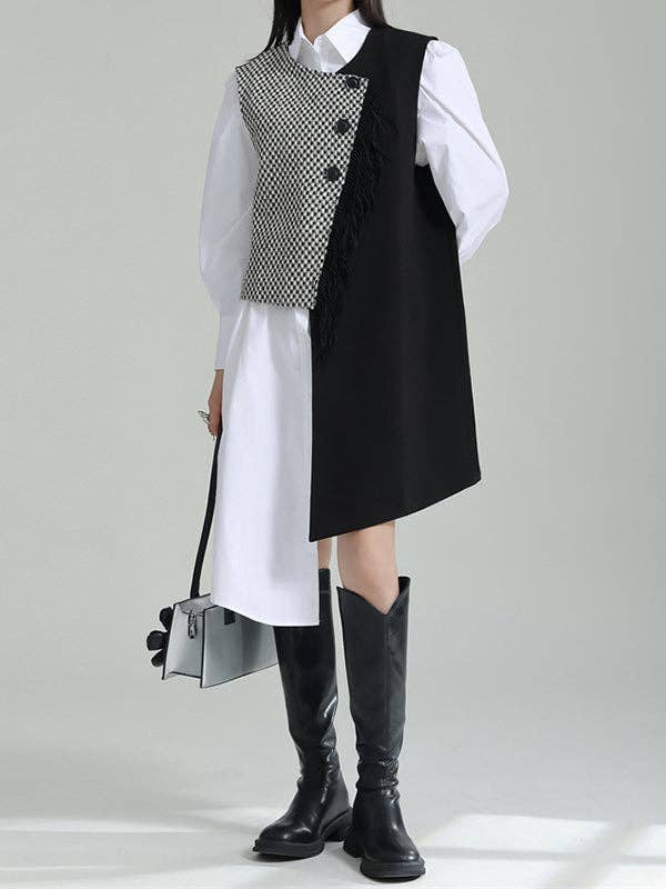 AVAILABLE IN STORE ONLY - Asymmetric Buttoned Houndstooth Sleeveless Vest Outerwear