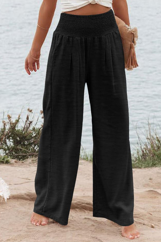 IN STORE & ON LINE Black Shirred High Waist Plus Size Wide Leg Pants