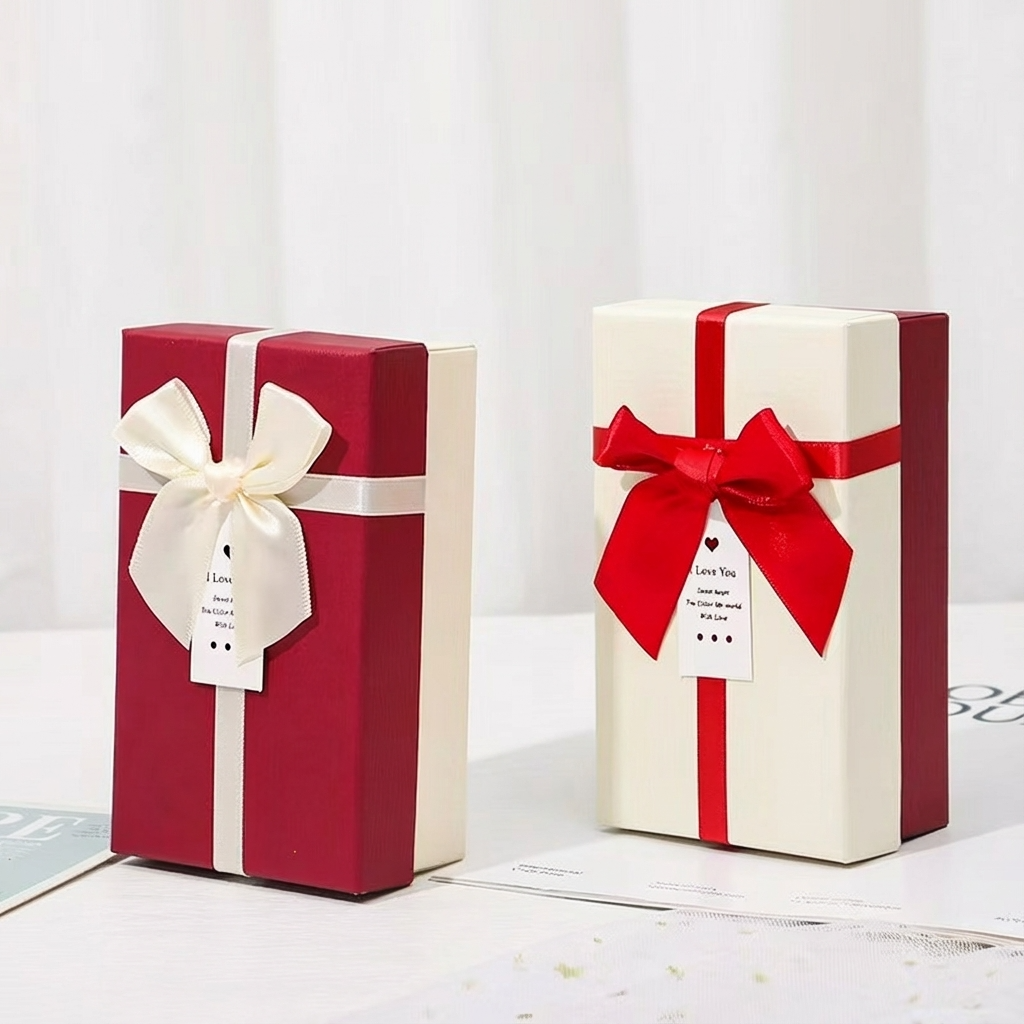 5pc, Luxury Red Beige Bow Tie Two Pieces Rigid Gift Box