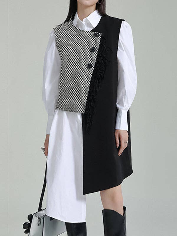 AVAILABLE IN STORE ONLY - Asymmetric Buttoned Houndstooth Sleeveless Vest Outerwear