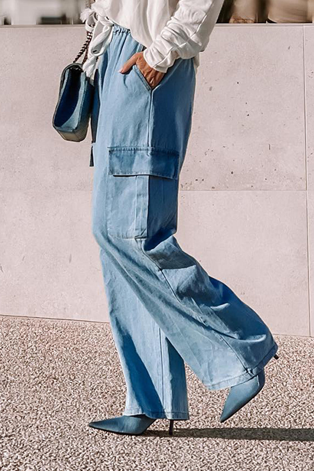 IN STORE & ON LINE Sky Blue Drawstring High Waist Cargo Pocket Wide Leg Jeans