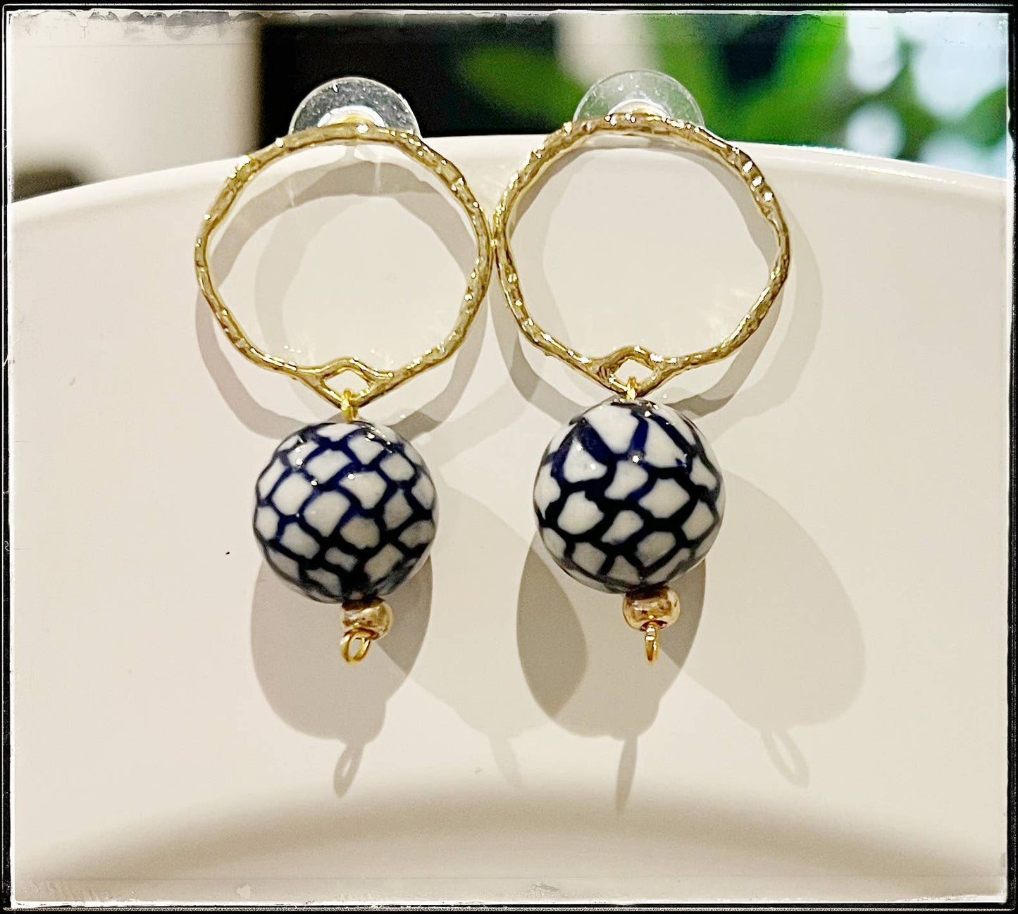 Brass & Chinoiserie Bead Circle Hoop Dangle Earring Charm