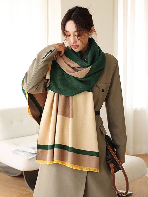 Soft Cashmere Blend Striped Shawl Scarf with Color Block Detail