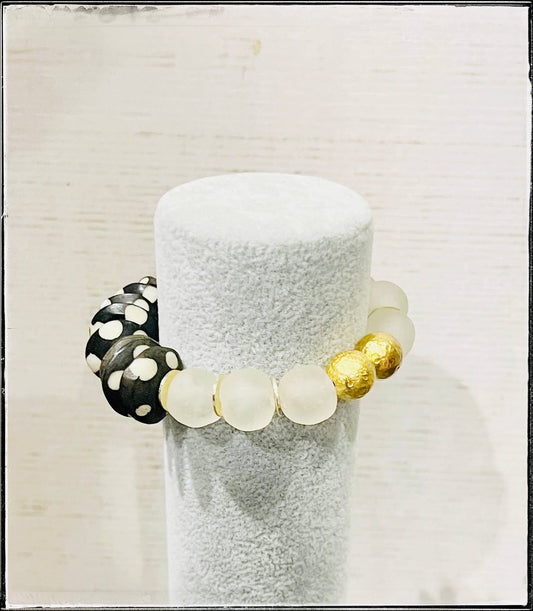 Recycled Glass & Black Polka Dot Bone Bead Stretch Bracelet