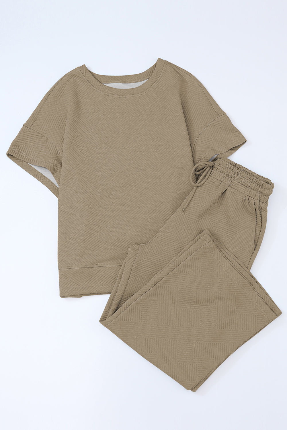 Pale Khaki Textured Loose Fit T Shirt and Drawstring Pants Set