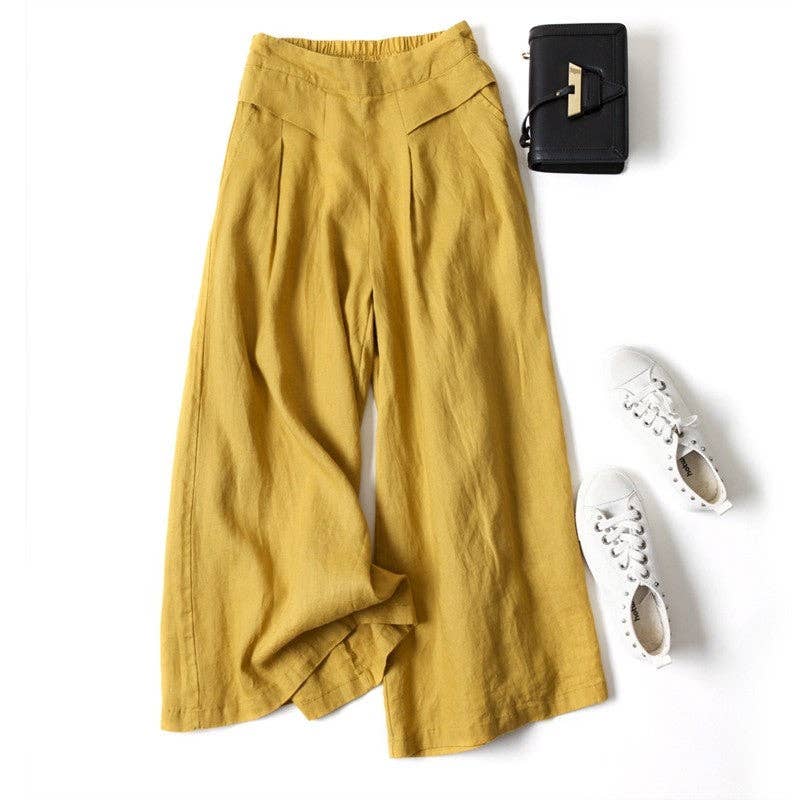 IN STORE ONLY - Solid Color Half Elastic Waist Wide Leg Ramie Cotton Pants