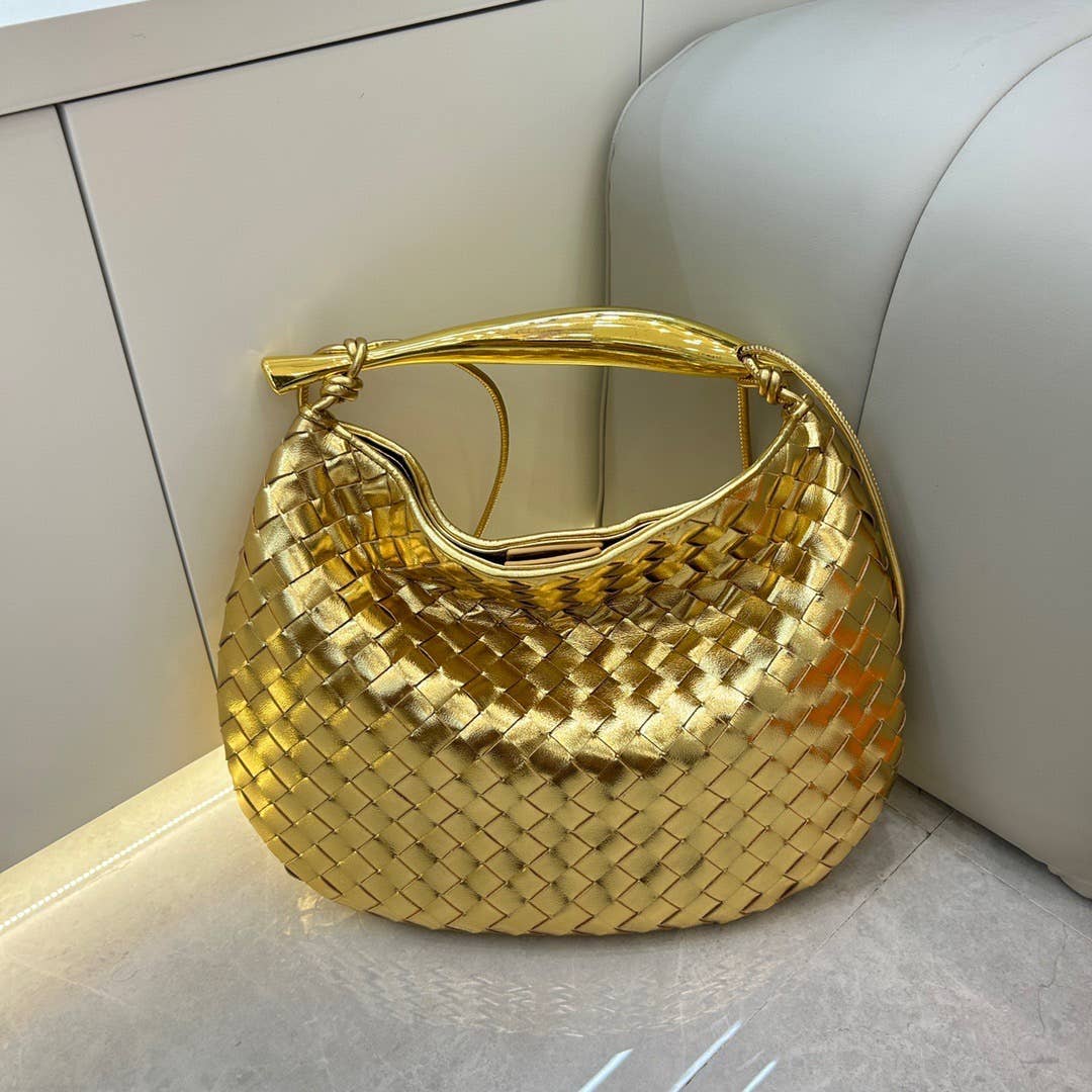 Woven handbag with Gold Metal Handle Bar