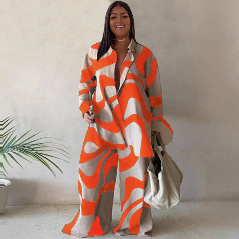 Chic Printed Loose-Fitting Long Sleeve Shirt and Straight Pants Set