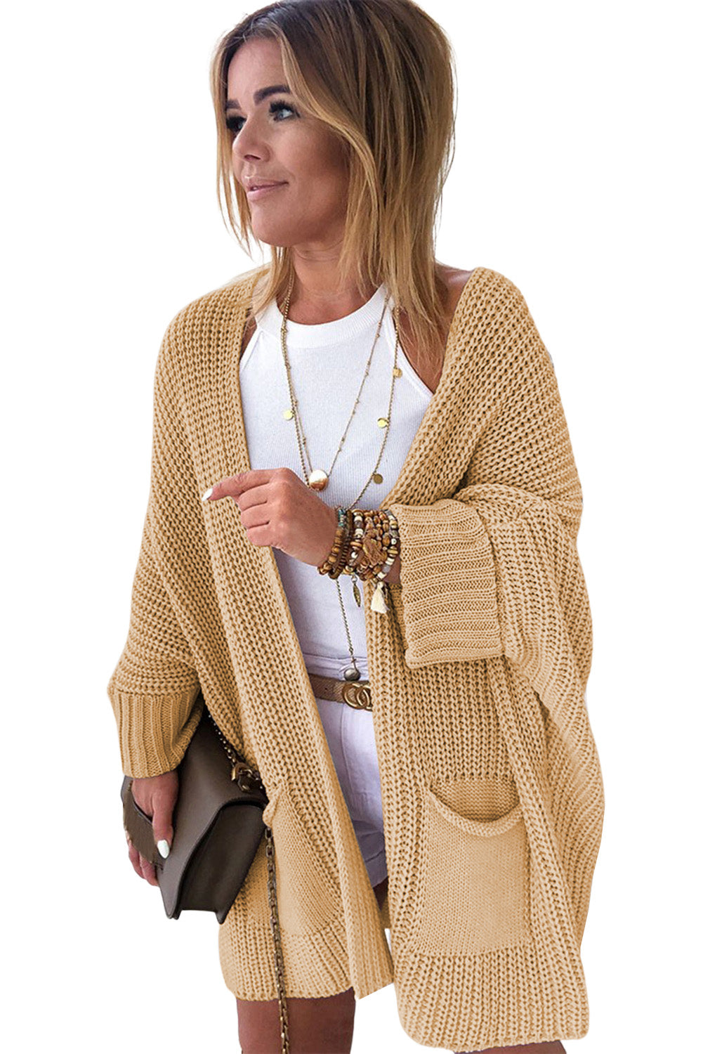 AVAILABLE IN STORE ONLY - Apricot Oversized Fold Over Sleeve Open Front Cardigan