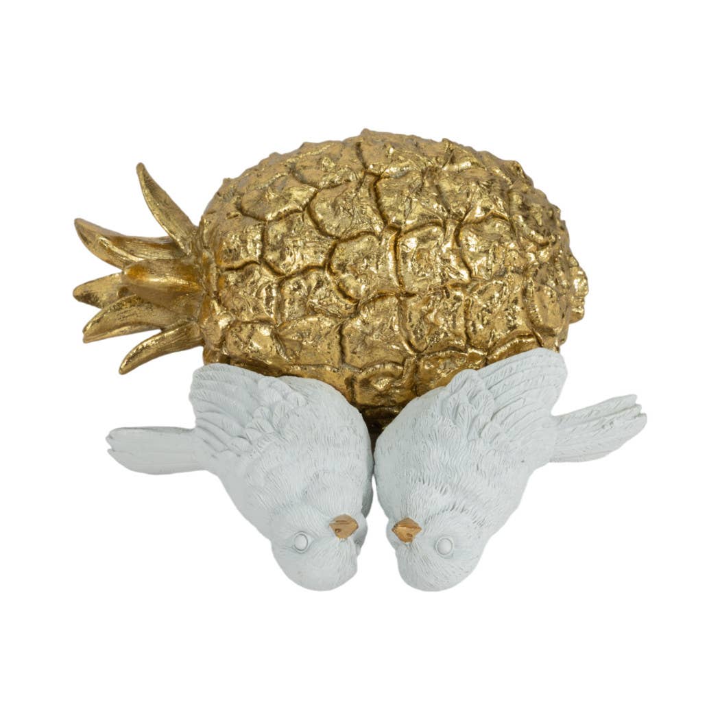 White/Gold 8 in. Resin Kissing Birds on Pineapple Figurine